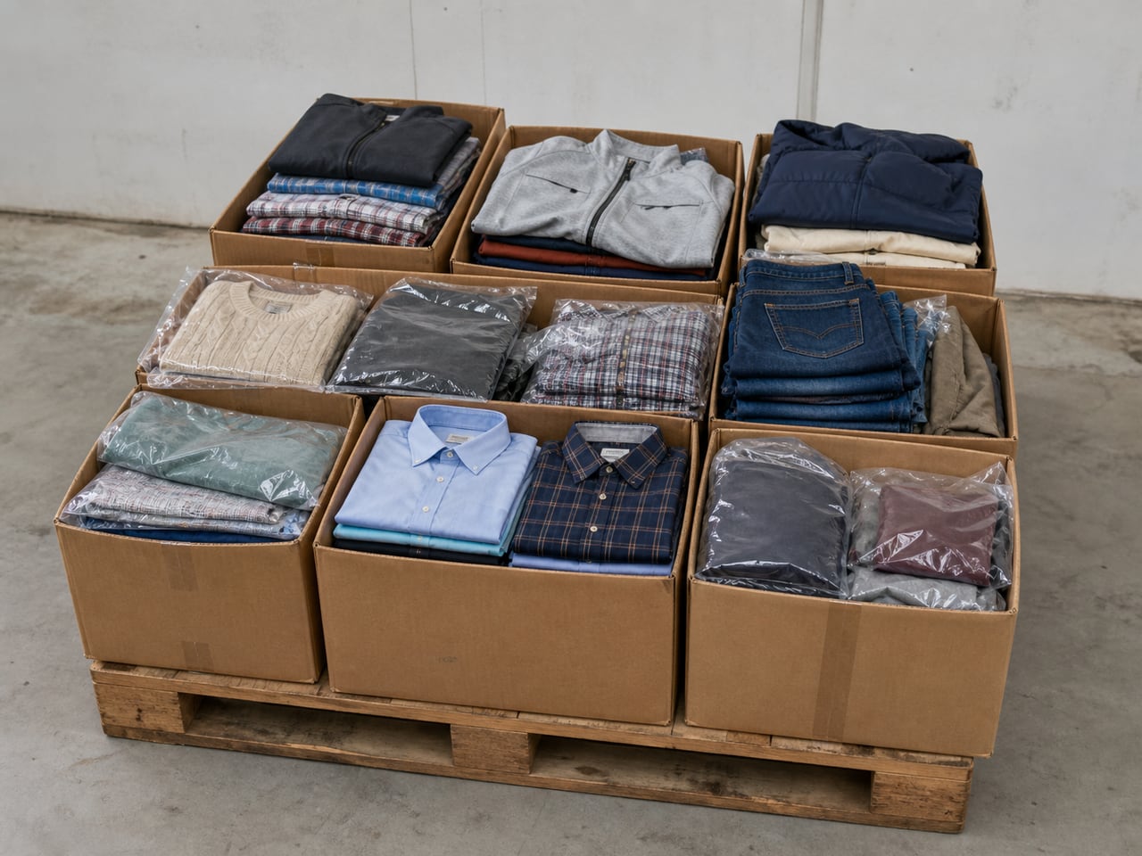 Illustration of folded clothing in wholesale cartons — not actual inventory