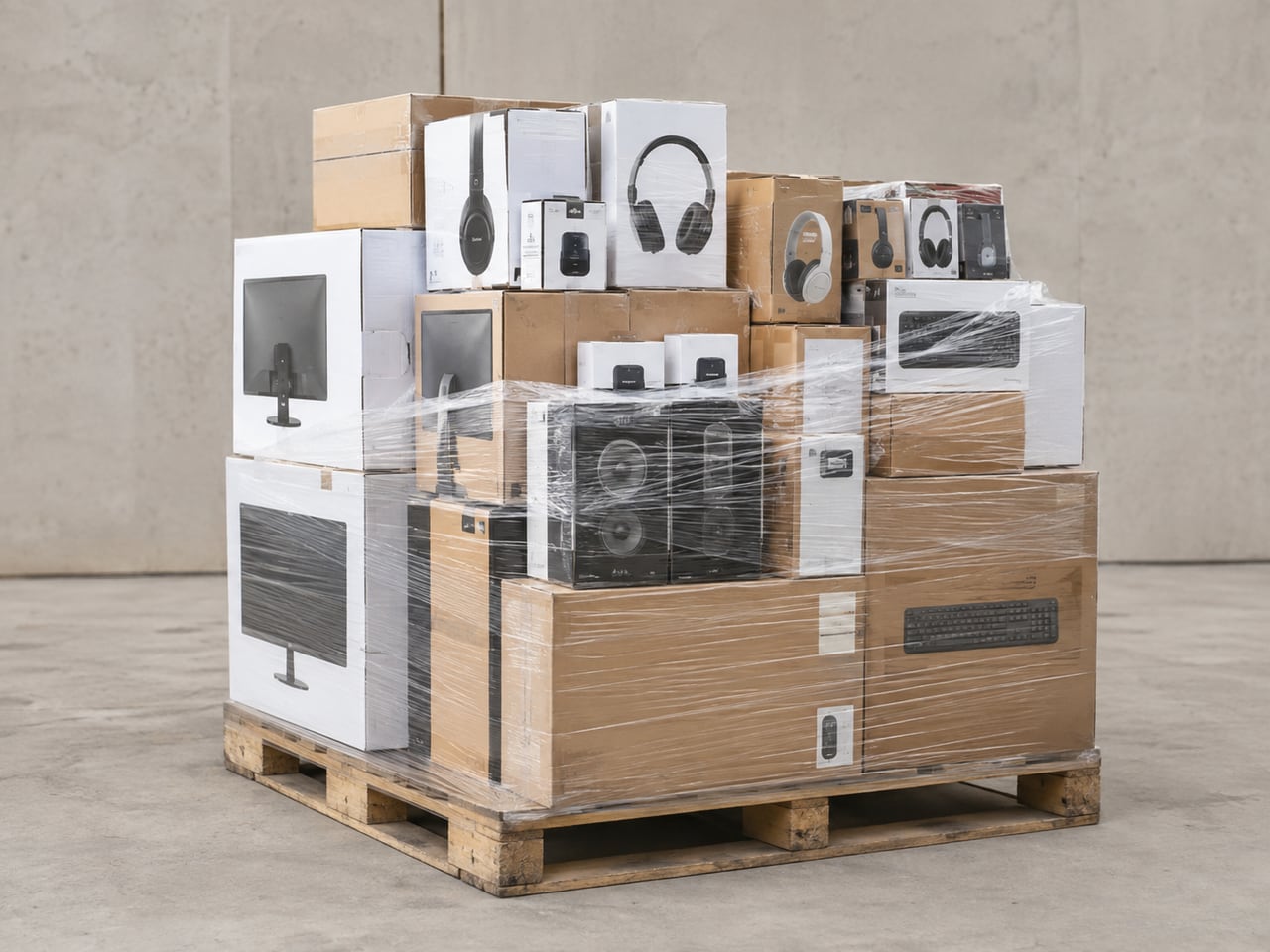Illustration of monitors, headphones and consumer electronics — not actual inventory