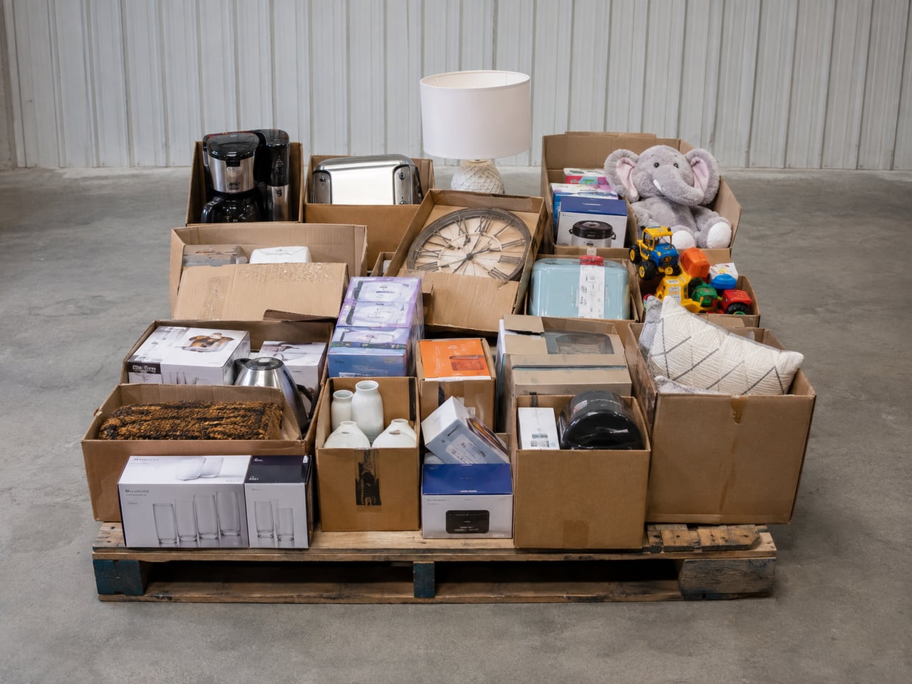 Illustration of assorted household merchandise on a pallet — not actual inventory