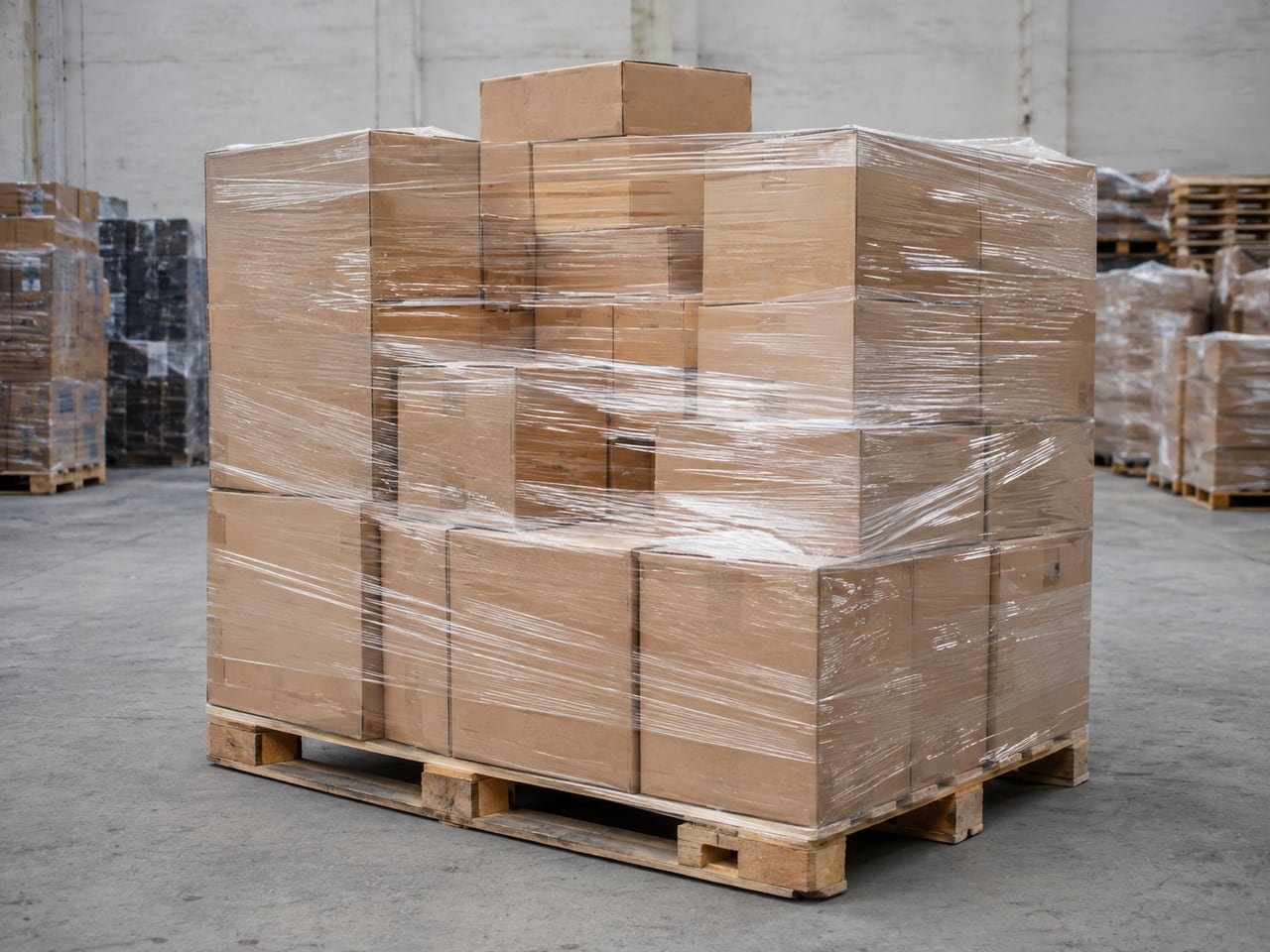 Illustration of wrapped sealed cartons on a mystery pallet — not actual inventory