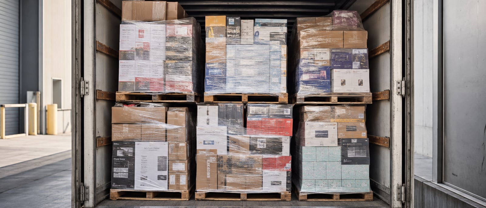 Illustration of a trailer loaded with wrapped retail pallets — not actual inventory