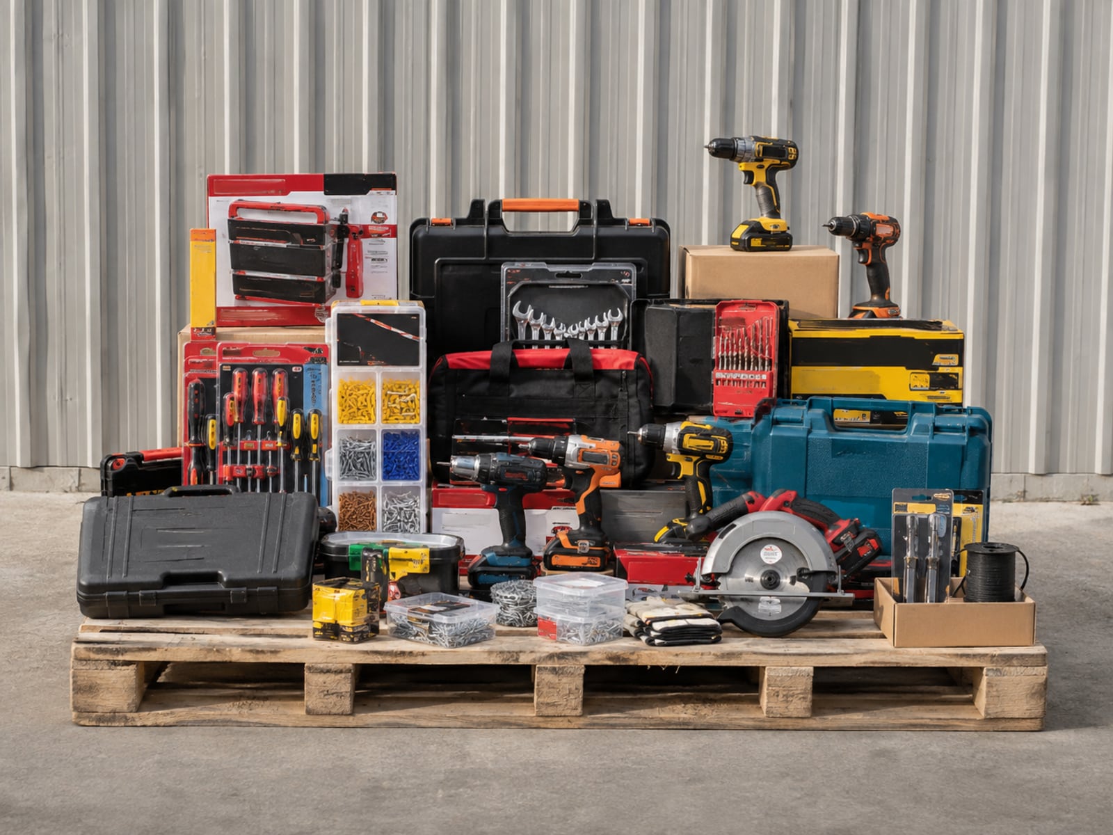 Illustration of drills, saws and hand tools on a pallet — not actual inventory