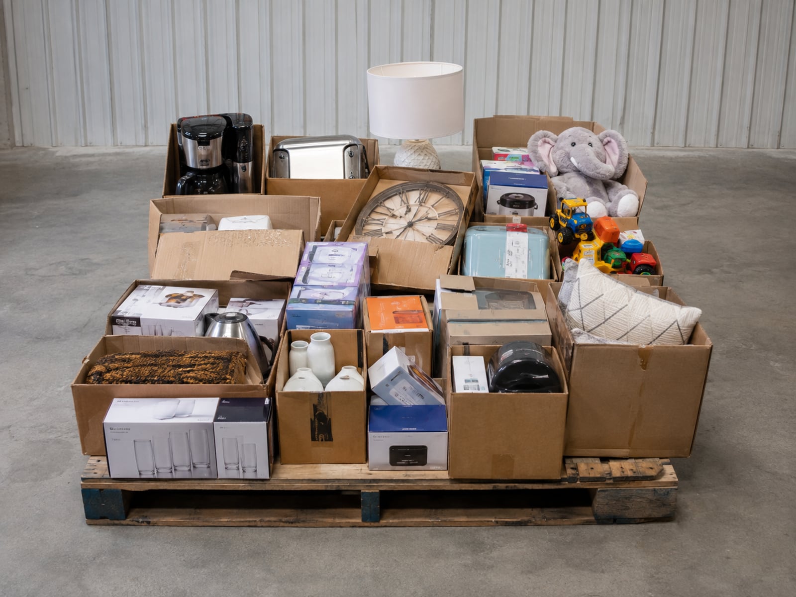 Illustration of assorted household merchandise on a pallet — not actual inventory