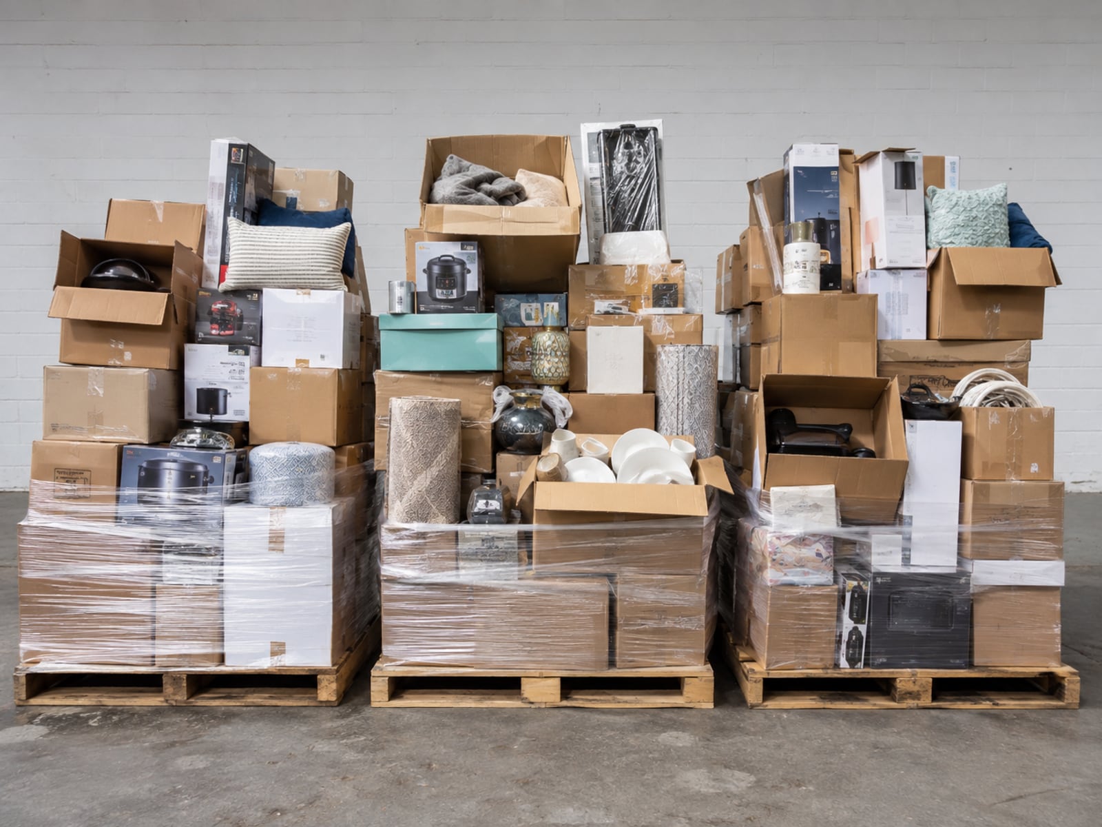 Illustration of mixed retail merchandise on liquidation pallets — not actual inventory